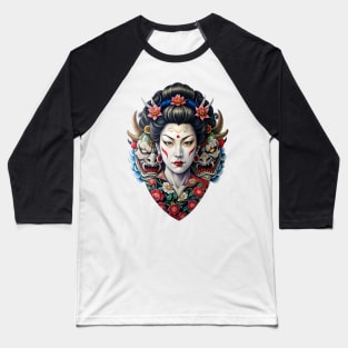 Japanese Geisha with Oni Masks Tattoo Baseball T-Shirt